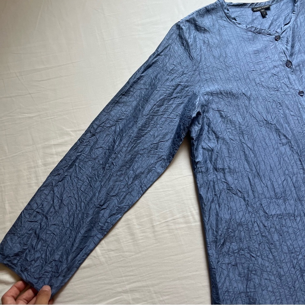 EILEEN FISHER blue‎ silk pleated pintuck button up boxy lagenlook tunic shirt - Picture 3 of 8